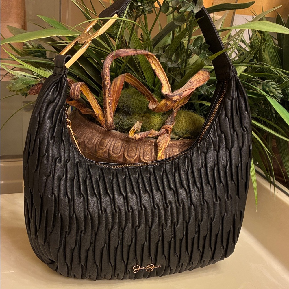 Jessica Simpson Black Quilted Hobo Bag with Gold Hardware